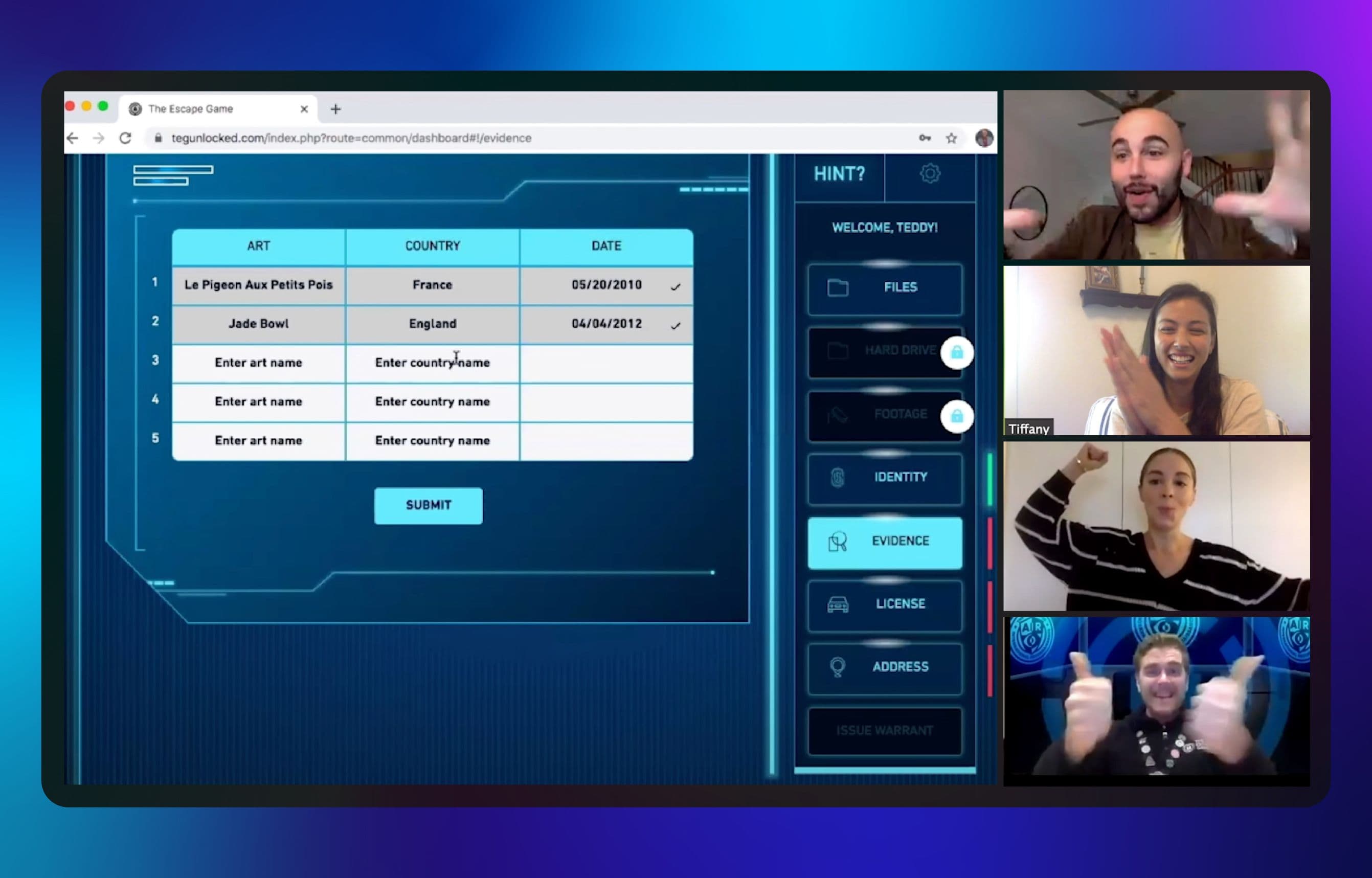 Screenshot of an escape game interface showing a list of art pieces with details, alongside four participants video chatting and engaging.