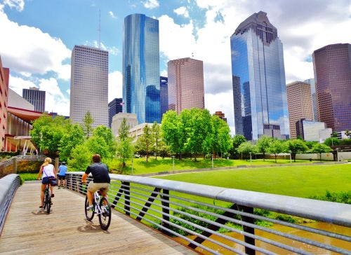 Houston skyline and biking